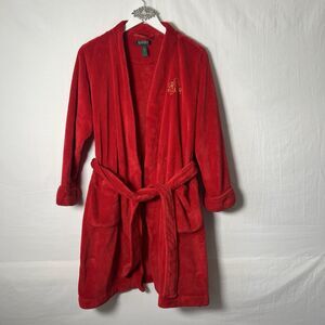 Ralph Lauren Robe Women's Medium Red Belted Fleece Comfy Plush Logo Old Money
